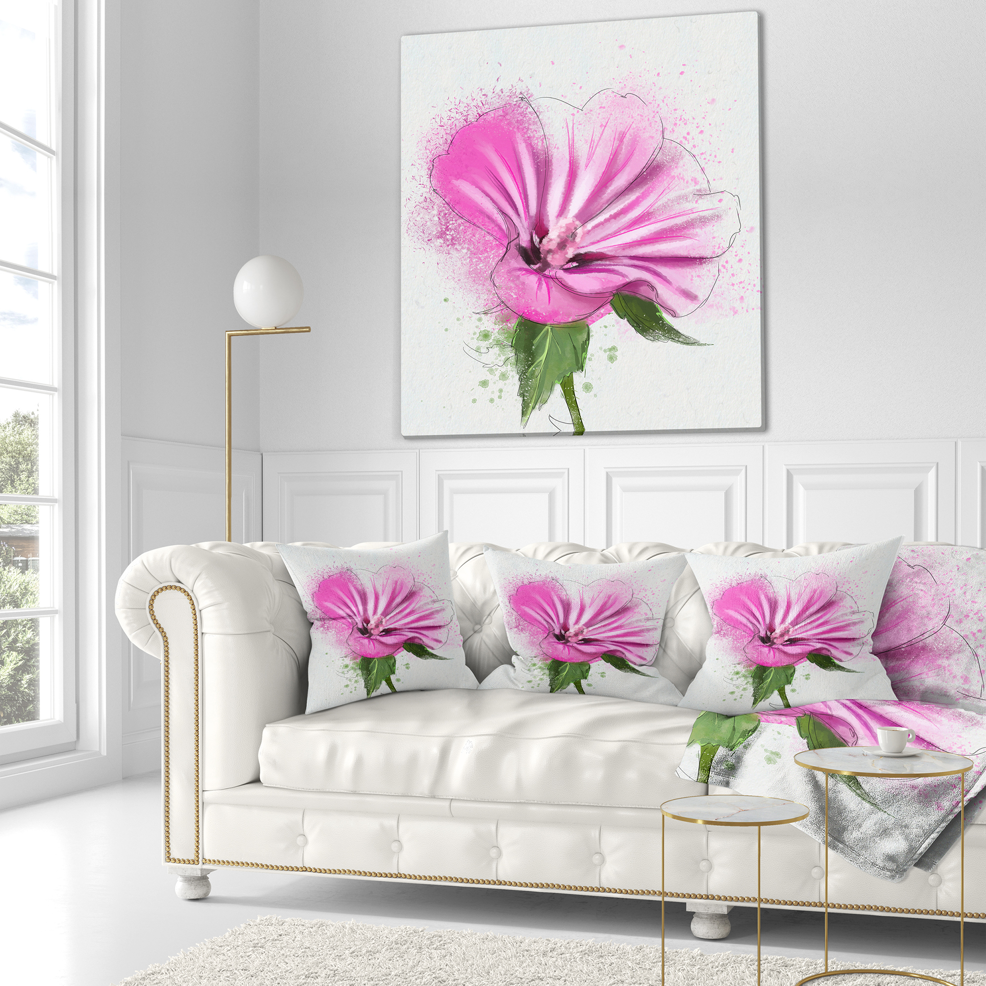 Designart Full Bloom Pink Flower with Leaves - Floral Throw Pillow - 18x18