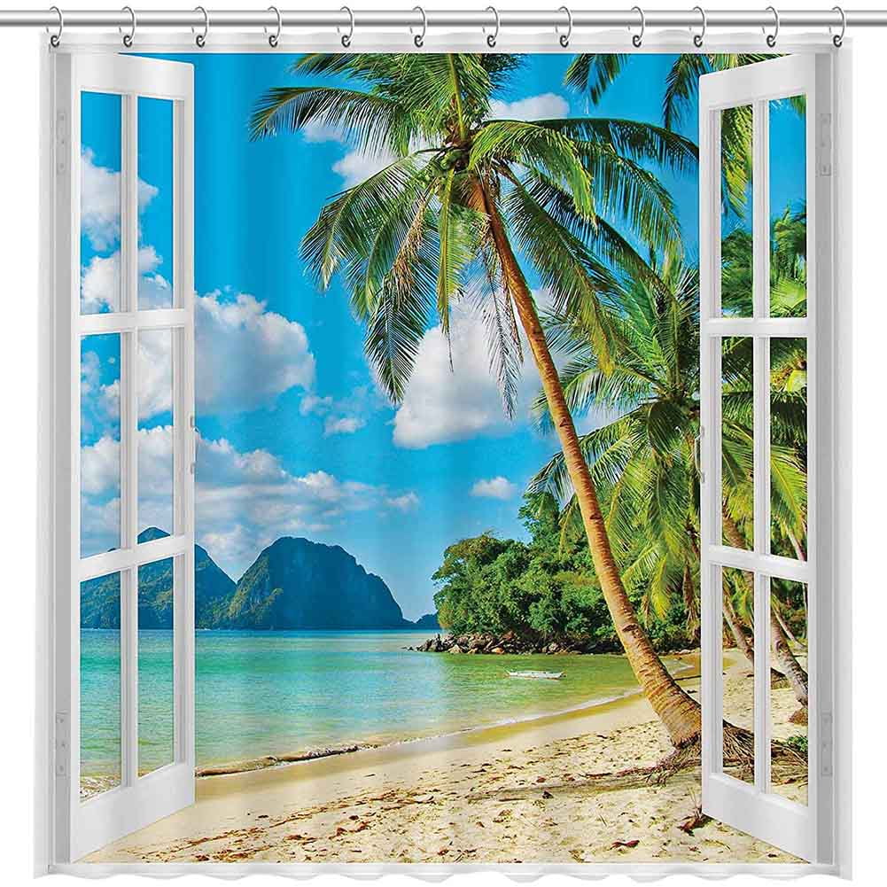 71" Waterproof Shower Curtain Bathroom home decor Windows and coconut trees 