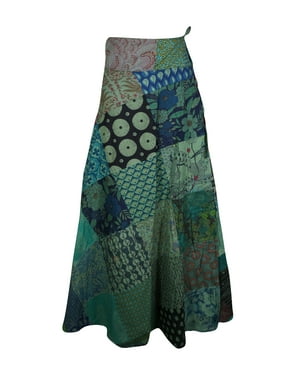 Mogul Women Green Cotton Long Wrap Skirt Patchwork Design Printed Beach Cover Up Sarong Dresses