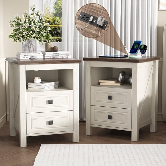 NEGYLIM Nightstand Set of 2 Farmhouse Nightstand with Storage Drawer Bedside Tables End Table for Bedroom Modern Wood Side Table Living Room,White
