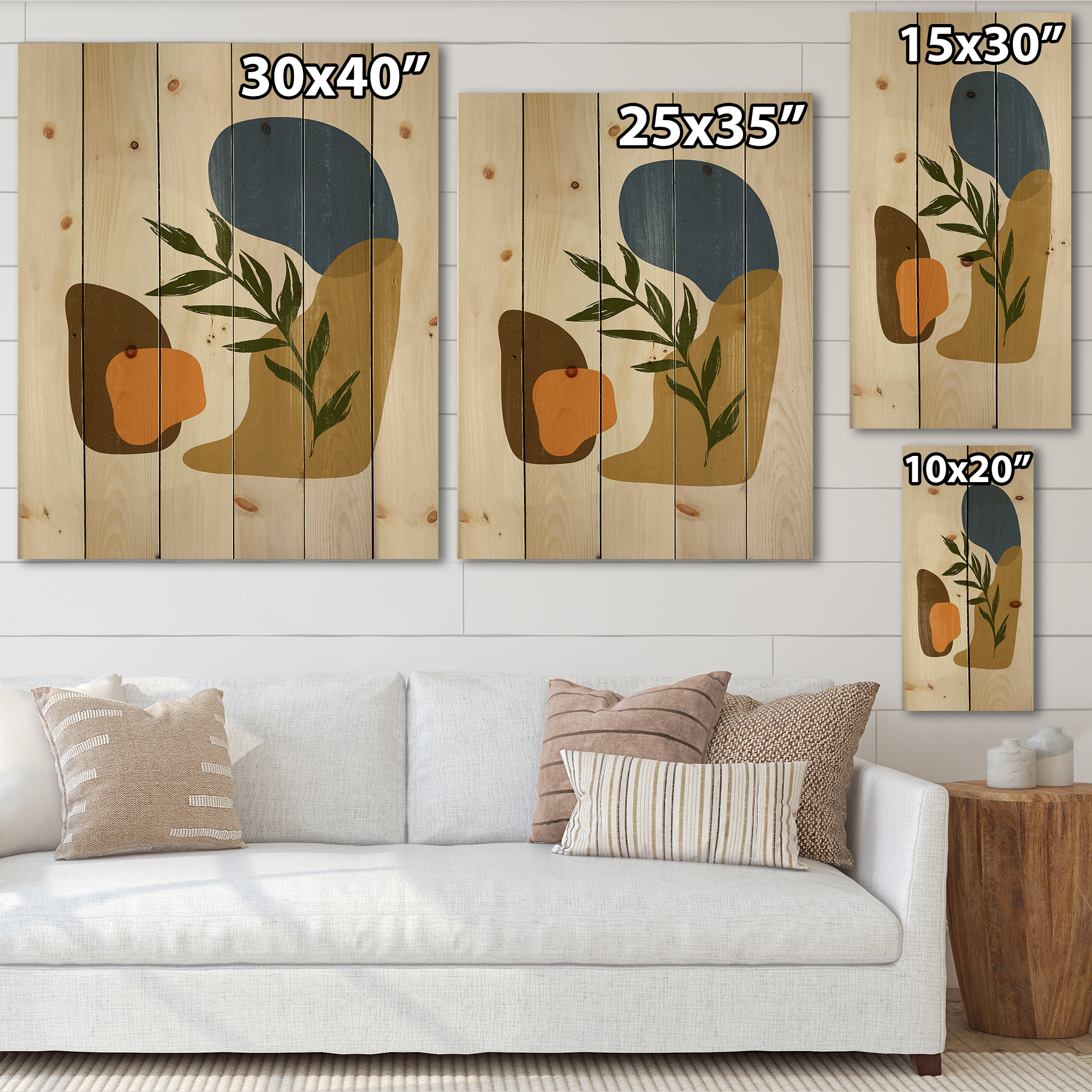 Designart 'Green Leaf With Botanical Minimalist Shapes' Modern Print on Natural Pine Wood