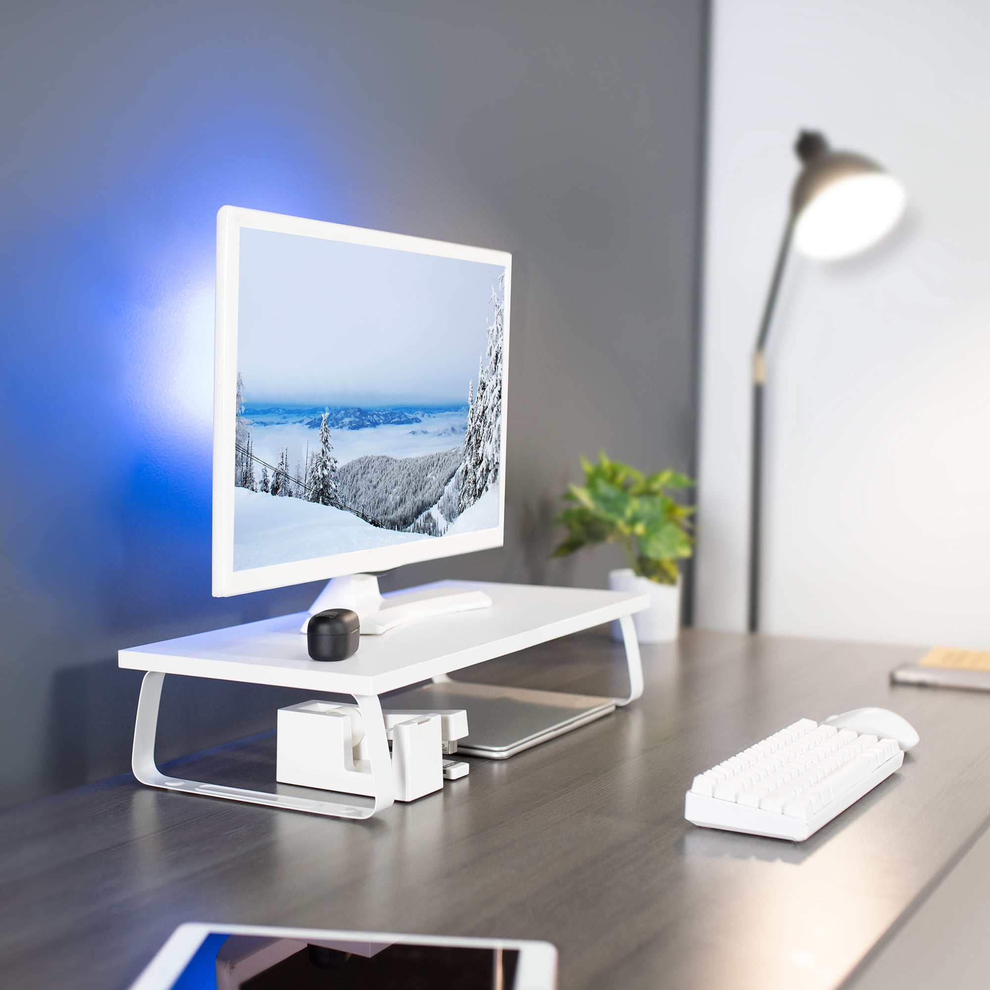 VIVO White Wood 24" Wide Desktop Stand Ergonomic TV Monitor Riser Desk Organizer