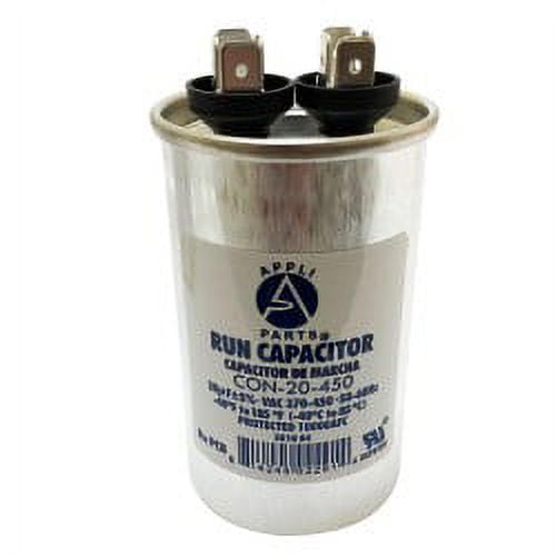 Appli Parts Run Capacitor 20 Mfd uF (microfarads) 370 VAC or 450 VAC Round 3-3/8 in High 1-3/4 in Wide CON-20-450 Replaces CAP-20-450
