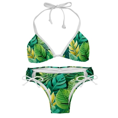 Sexy Women s String Bikini Set Summer Tropical Green Leaf Print Two Piece Triangle Bathing Suit Swimsuits XL