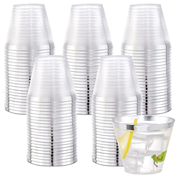 WELLIFE FESTIVE 120 PCS Silver Plastic Cups,Disposable Cocktail Glasses, 9 oz Clear Cups for Party