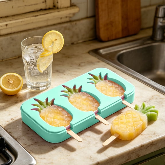 3 Cavity Silicone Molds Pineapples, Funny Pineapple for Ice Cube Trays, Food Grade Non-Stick Ice Pop Maker, Easy Release Mold, Stackable Mold with Reusable Sticks, Cake Decoration 7.6×4.24 in,Green
