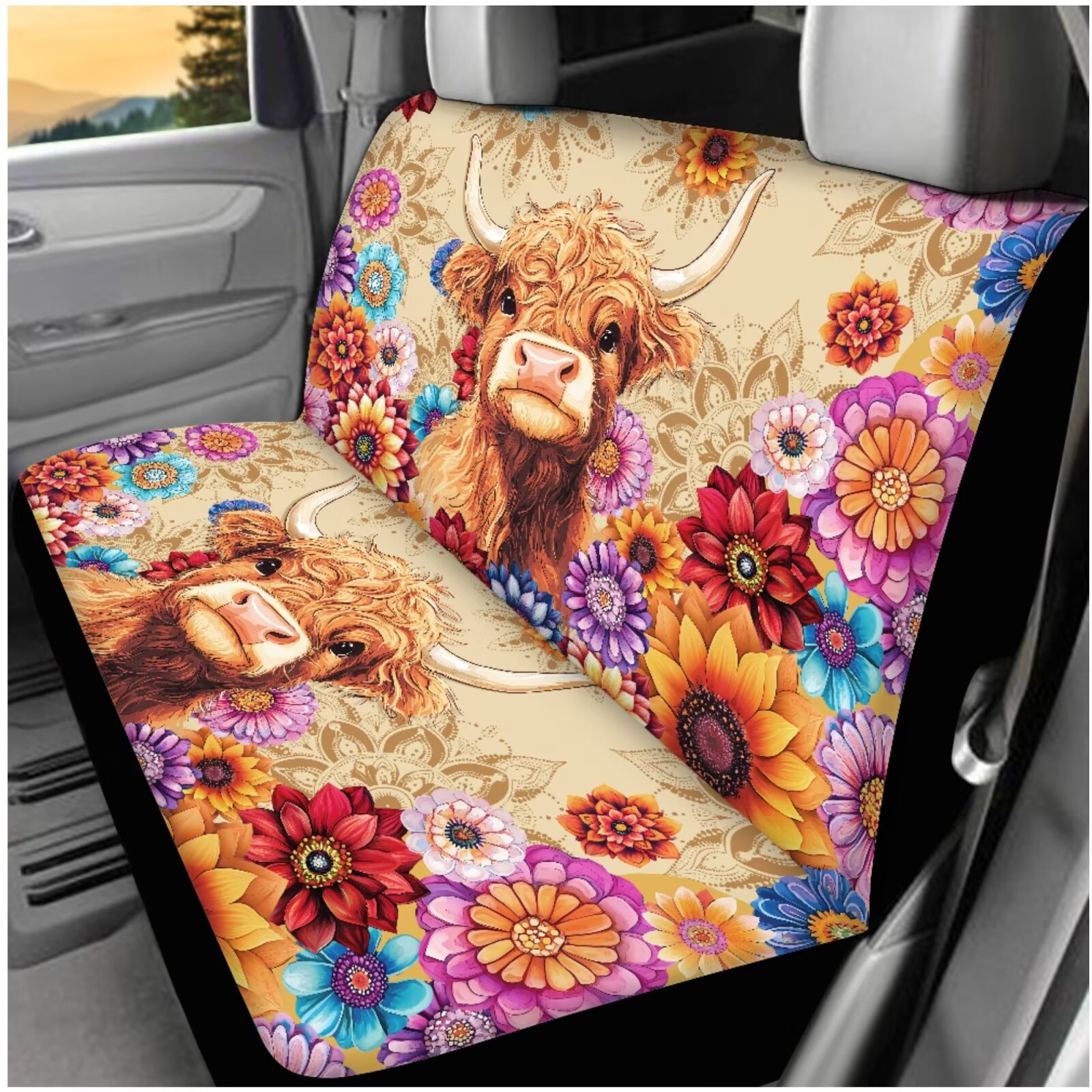 Yuyamidu Highland Cow Car Seat Cover Set of 14 Colorful Dalia Steering Wheel Cover Seat Belt Pad Car Headrest Cover Coaster Armrest Cover Keychain for Truck Sedan