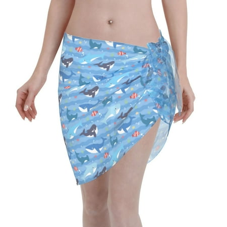 Qekee Blue Fish Women s Short Sarongs Cover Ups Sheer Bikini Wraps for Swimwear