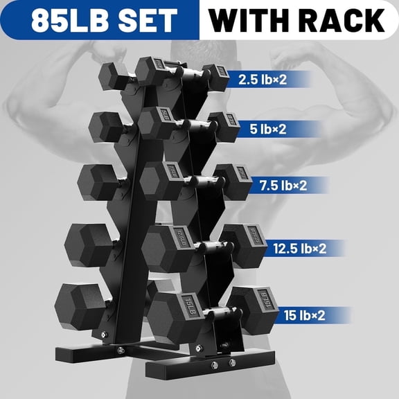 85 lb Dumbbell Set with Rack, Rubber Encased Hex Free Weights for Home Gym Strength Training