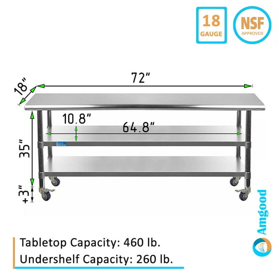 AmGood 72" Long x 18" Deep Stainless Steel Work Table with 2 Shelves and wheels | Metal Food Prep Station | Commercial & Residential NSF Utility Table