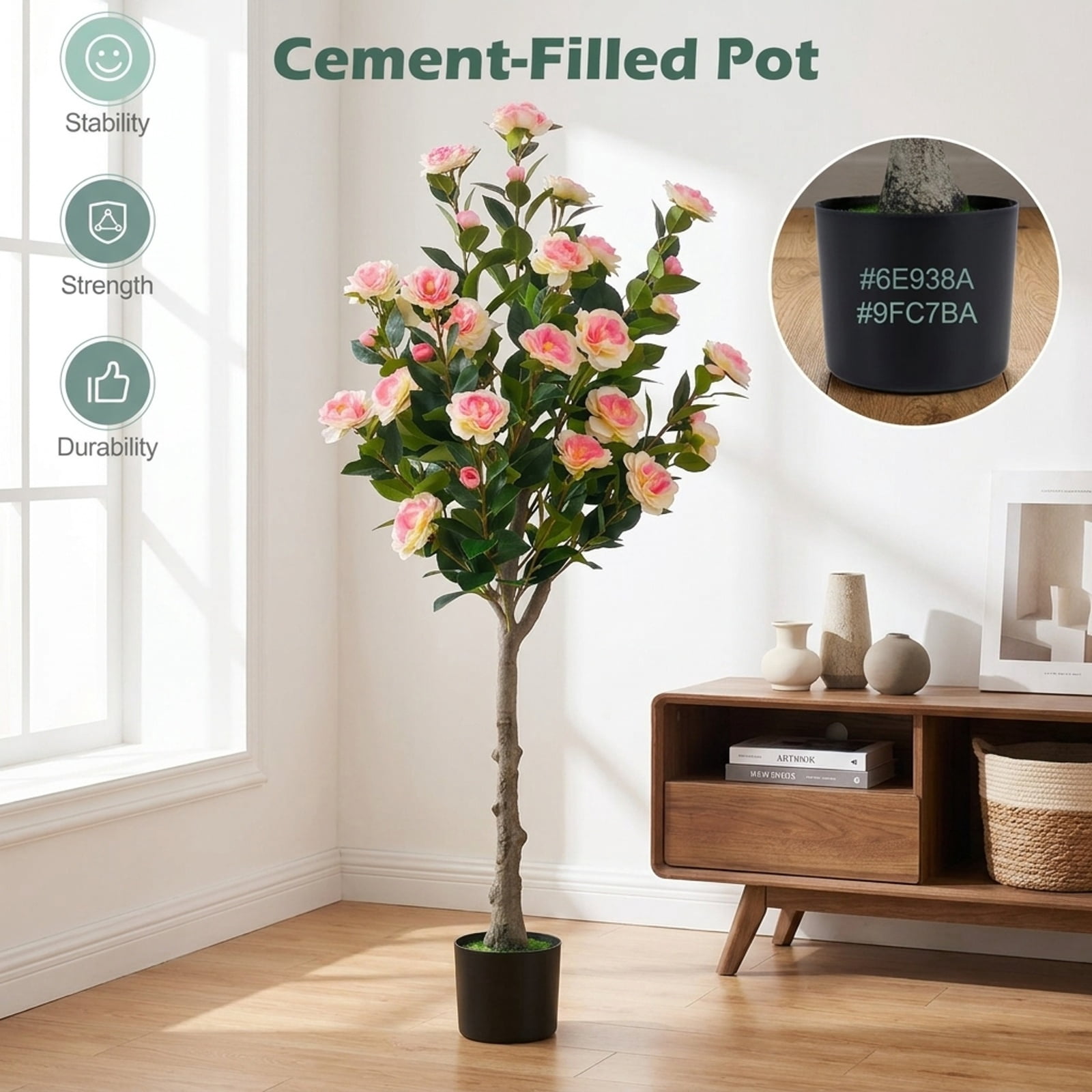 Vebreda Artificial Plant Decor, Artificial Camellia Tree with 27 Blossoms in Cement Pot for Home, Realistic Floral Details, Built to Last
