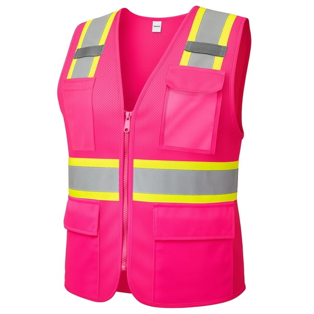 Chaleco de seguridad HSHCH compatible con ANSI rosa con bolsillos M
