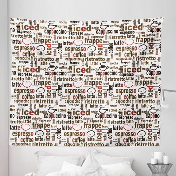 Digital Tapestry, Coffee Words Cafe Typography in Point Sizes Digital Illustration, Fabric Wall Hanging Decor for Bedroom Living Room Dorm, 5 Sizes, Dark Brown Caramel, by Ambesonne