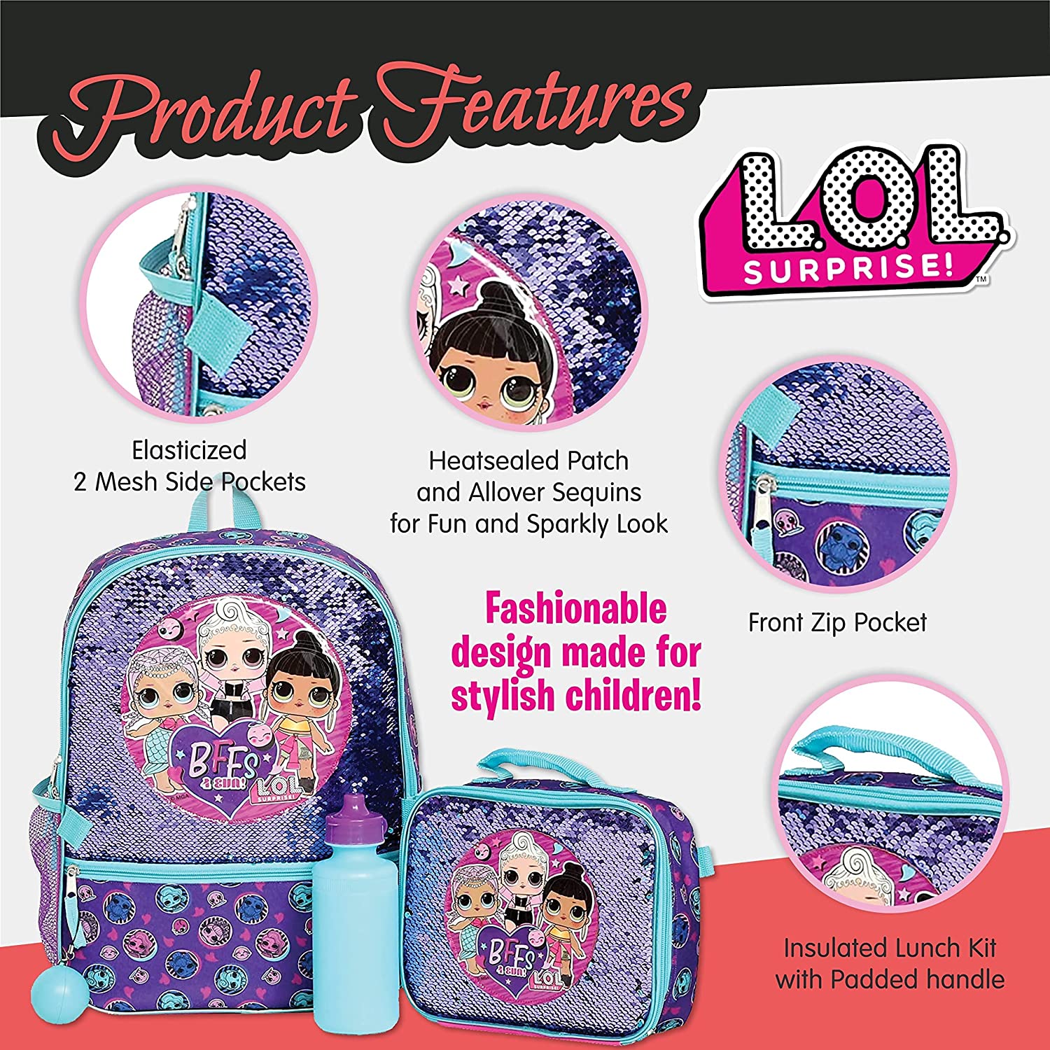 Girls L.O.L. Surprise Licensed Backpack 16" and Lunch Set