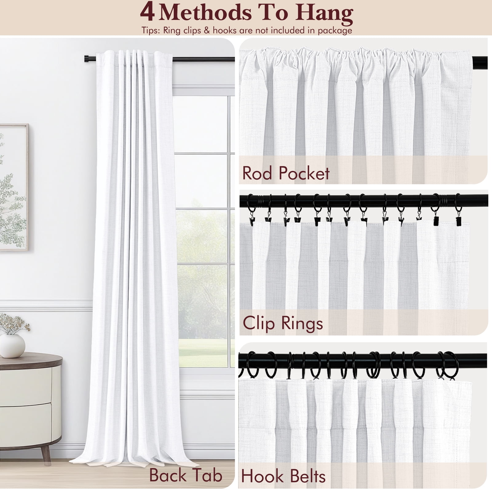 100% Blackout Curtains,50"Wx108"L Faux Linen Textured Back Tab/Rod Pocket Curtain,2 Panels Set,Thermal Insulated Curtains for Livingroom,Bright White