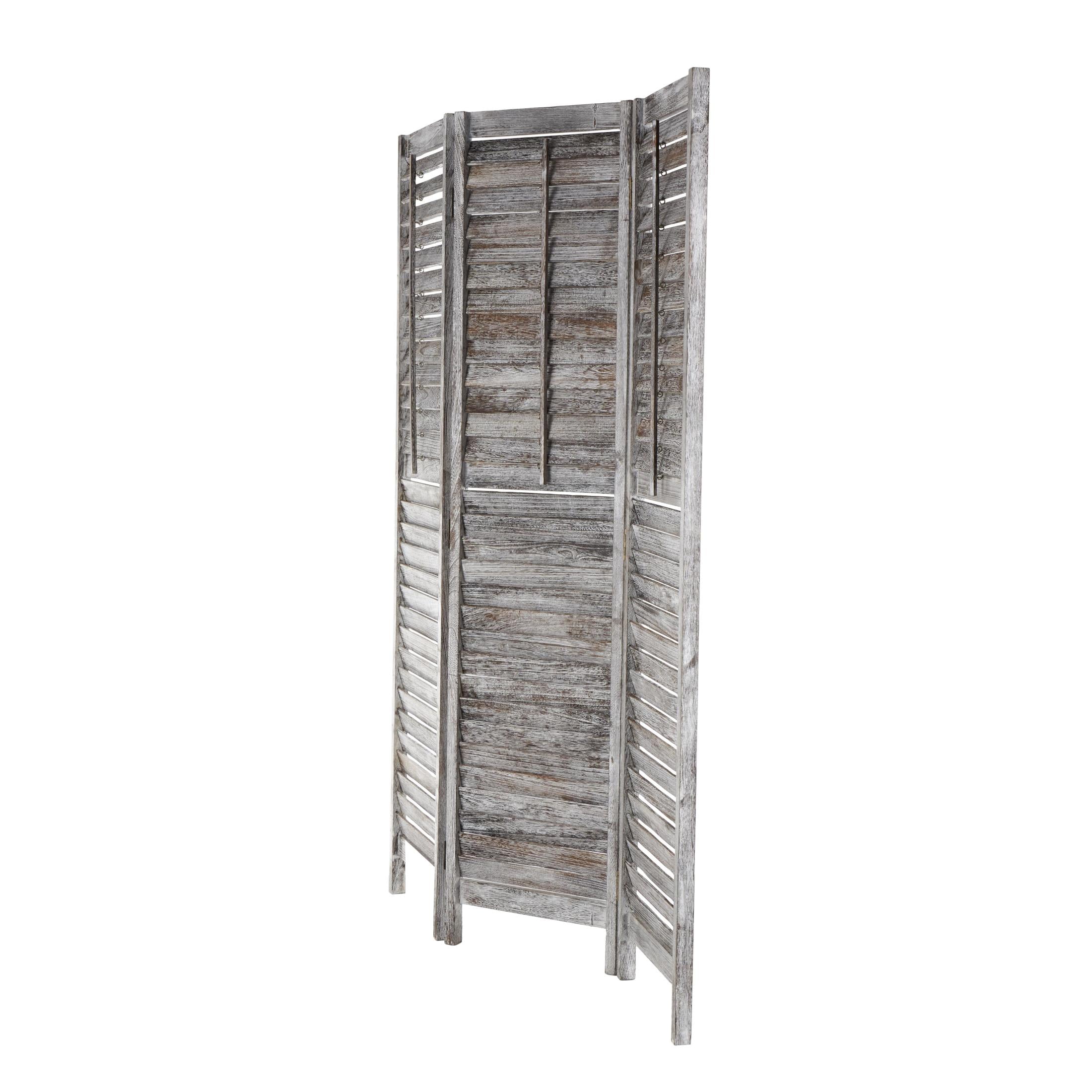 DecMode 48" x 67" Gray Wood Distressed Shutter Top 3 Panel Room Divider Screen with Brown Accents, 1-Piece