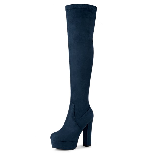 Botas de Tacón Alto de Bloque Sobre la Rodilla con Plataforma Allegra K Azul oscuro 36