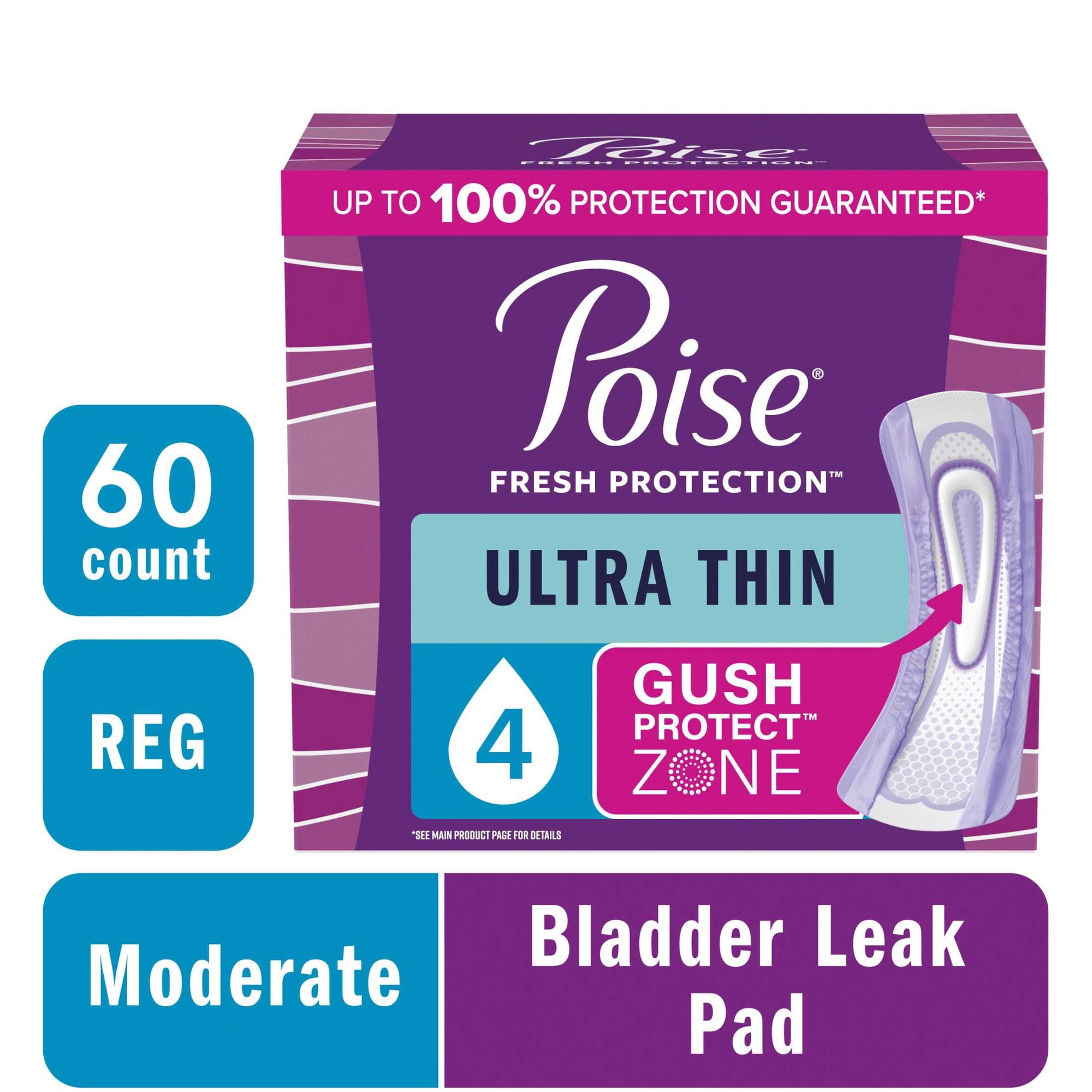 Poise Ultra Thin Incontinence Pads, 4 Drop Moderate Absorbency, Regular Length, 60 Count