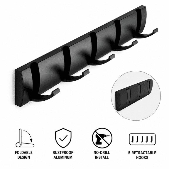 15" Folding Coat Rack Wall Mount 5 Retractable Hooks Black Space Aluminum Wall Hook for Entryway Bathroom Towels