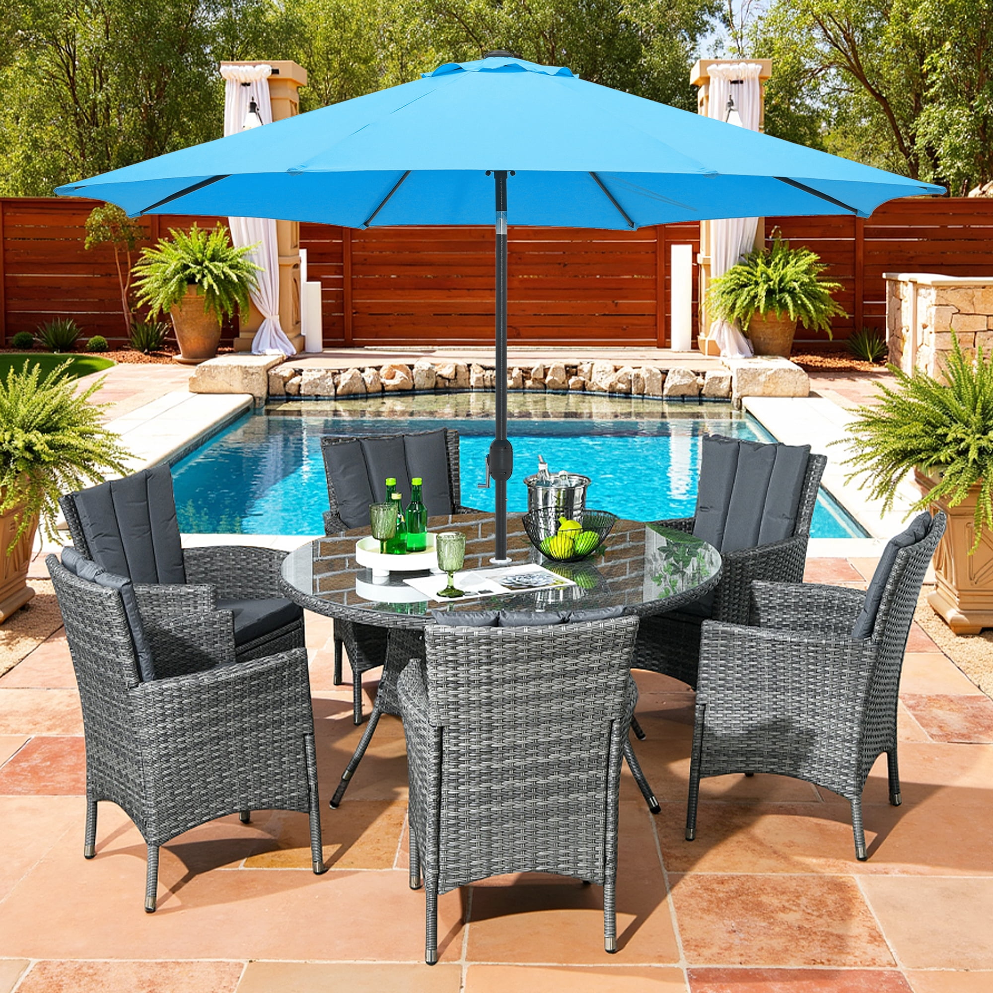 Kool 10FT Outdoor Patio Umbrella with Push Button Tilt and Crank Handle, Market Umbrella with 8 Sturdy Umbrella Ribs, Aqua