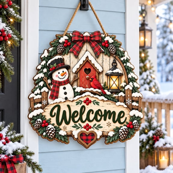 Snowman Cardinal Wreath Wooden Door Sign for Rustic Christmas Porch Welcome