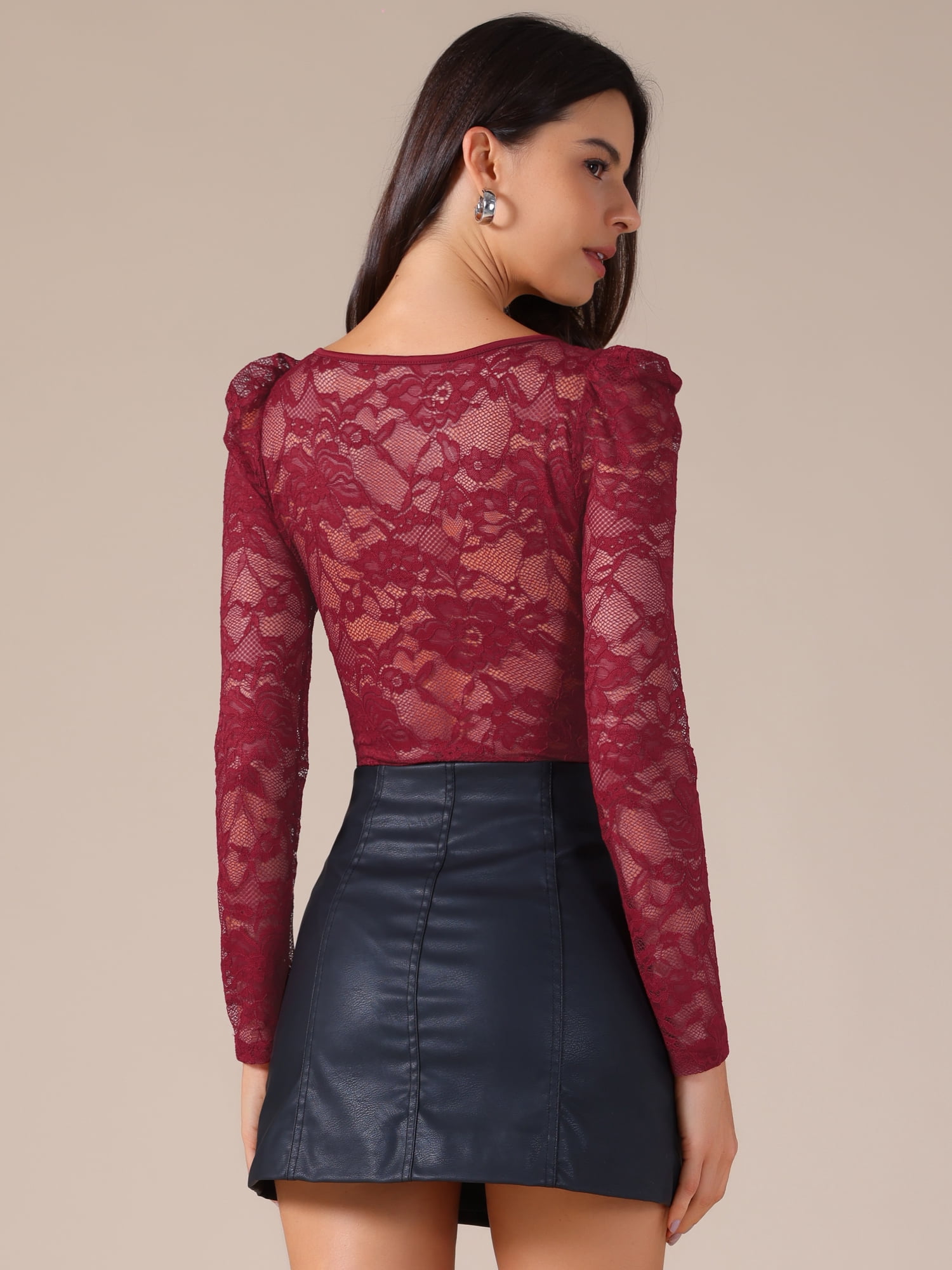 DARING DIVA Women's Bodysuit Corset Long Sleeve See Through Sheer t Shirt S Red