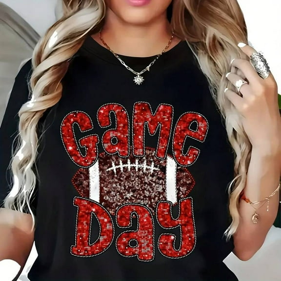 Game Day Glittery Graphic T Shirt For Women Casual Black Tee With Red White Leopard Print Football Design Short Sleeve Pullover Game Day Sweatshirt Relaxed Fit Tshirt Sports T Shirt