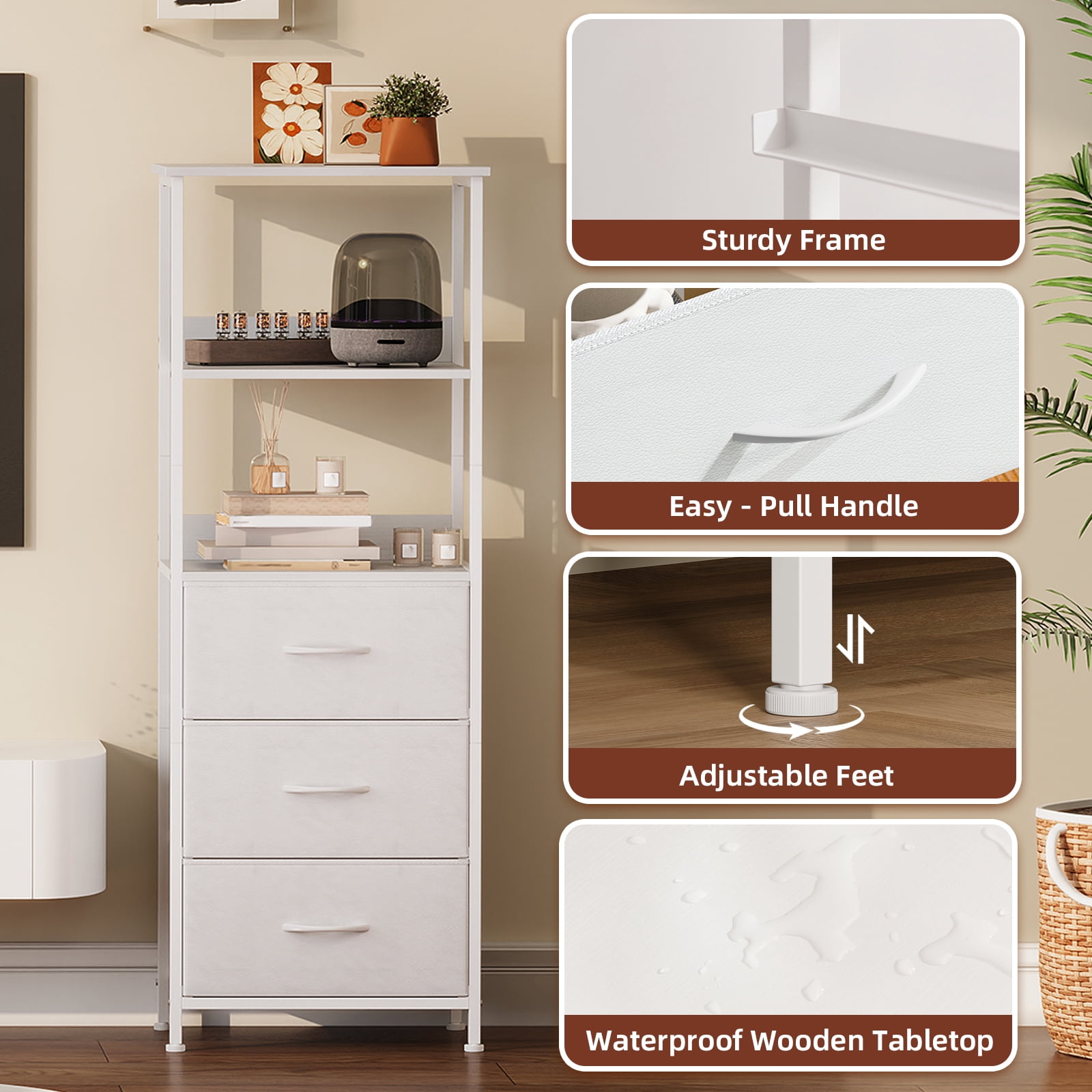Eunos 6 Tier White Bookcase with Drawers, 3 Removable Drawer Ladder Bookshelf, Bedroom Study