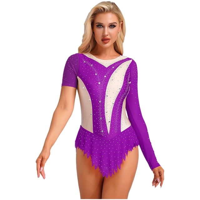 YONGHS Women's Color Block Figure Ice Skating Dress Shiny Rhinestone Ballet Skirted Leotard Dresses Purple L