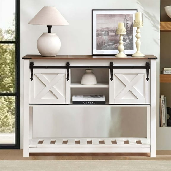 Entryway Console Table with Sliding Barn Doors & Storage Shelf for Living Room, Hallway, White