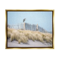 Stupell Bird Perched Nautical Beach Fence Landscape Painting Gold Floater Framed Art Print Wall Art