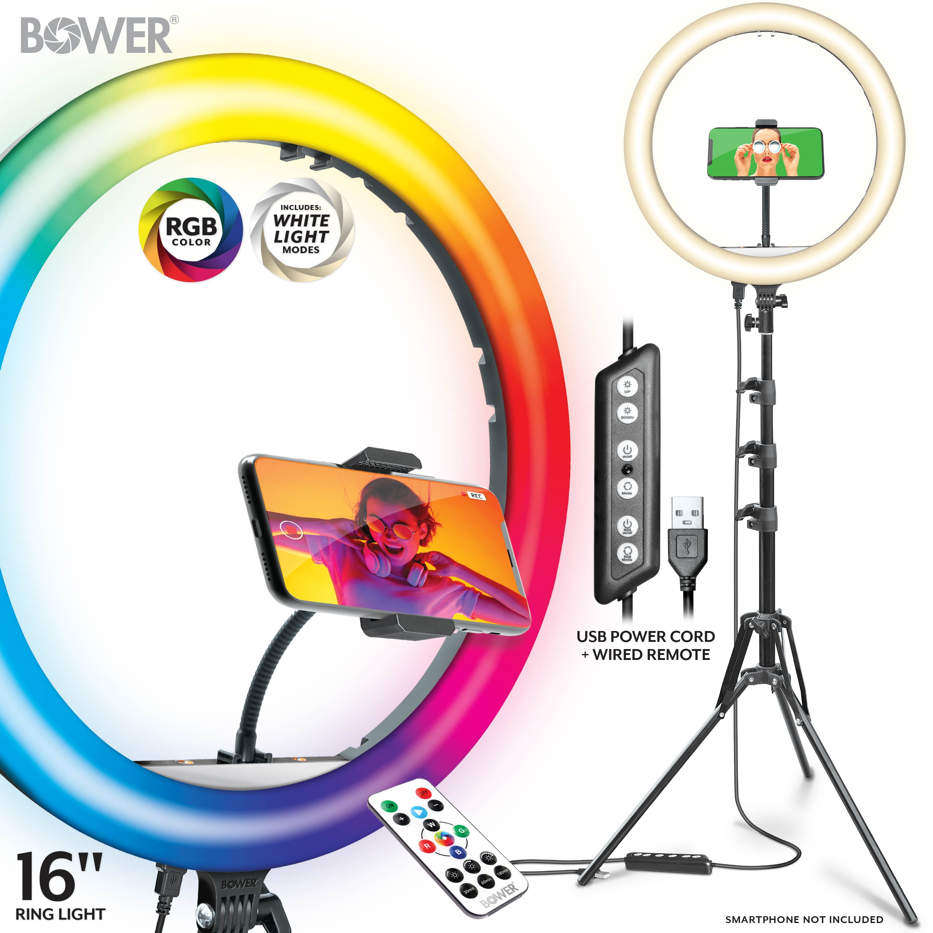 Bower Content Creator Kit with16-inch RGB Ring Light, 62-inch Adjustable Tripod, and Green Screen for Content Creation Camera Accessory - image 3 of 7