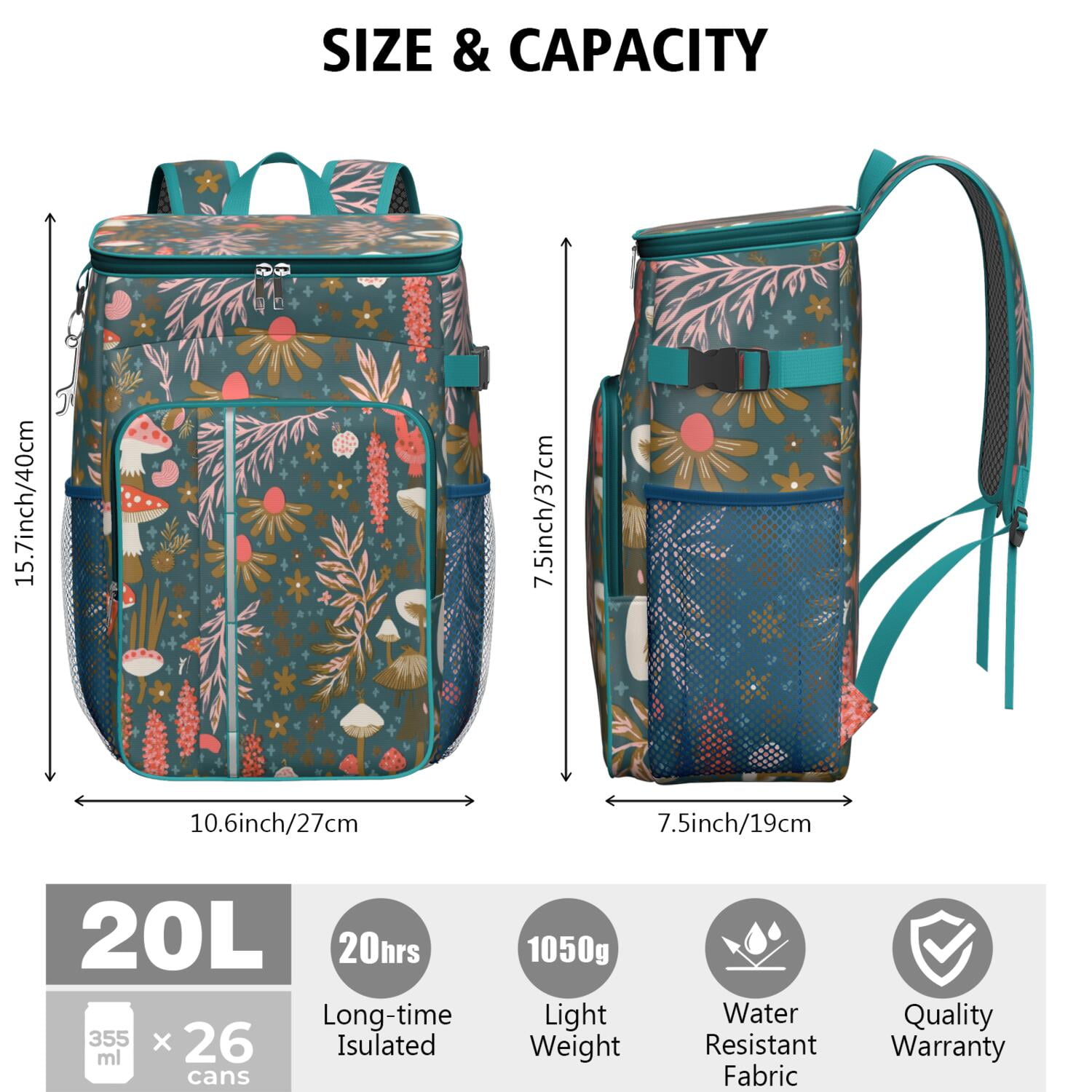 Camping Cooler Backpack 26 Cans,Insulated Backpack Insulated Leak Proof Travel Cooler Bag Waterproof Lunch Picnic Beach Work Trip Thermal Bag Drink Beverage Beer Bag Cooler Mushroom