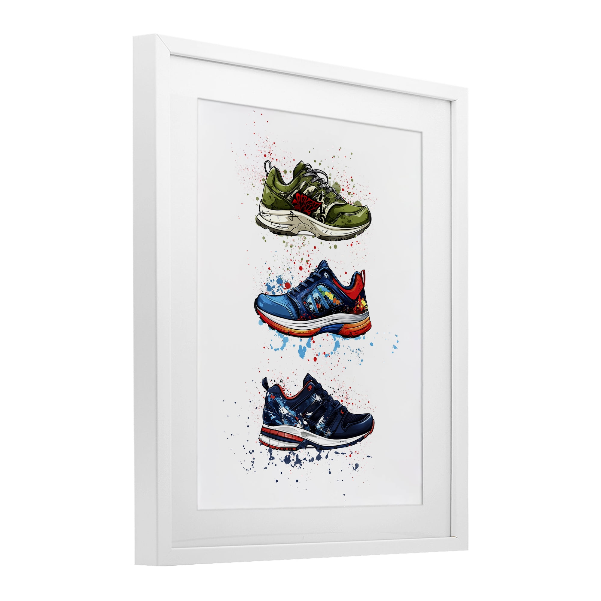Modern Spray Sneakers White Framed Print Under Glass, design by Christine Simpson Art