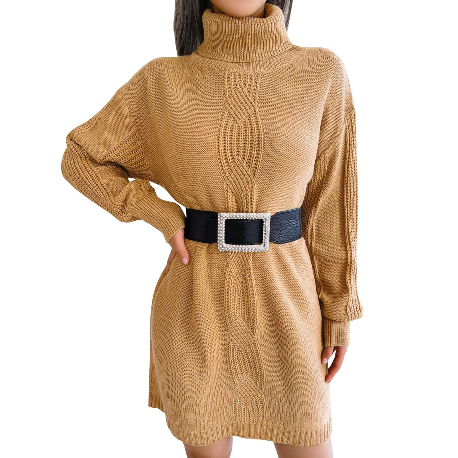 CAICJ98 Dresses for Women 2023 Women's Casual Long Sleeve Waffle Knit Tie  Waist Loose Pullover Tunic Sweater Dress Khaki,S
