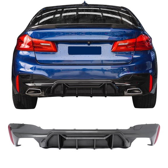 Ikon Motorsports Rear Diffuser Fits 2017-2023 BMW 5 Series G30 M Sport, F90 M5 M Perfermance Style Carbon Fiber Print PP, Bumper Lower Guard w/ Shark Fin
