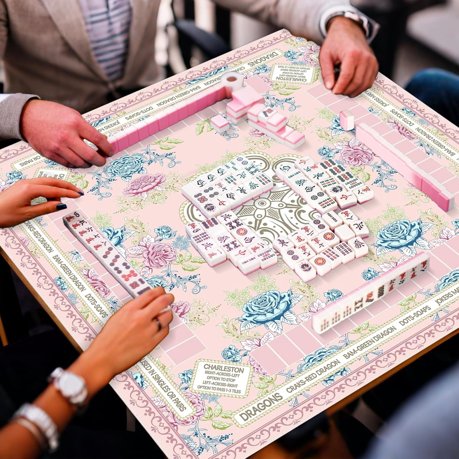 Chinoiserie Mahjong Mat with Black Carrying Bag 31.5 x 31.5 in Multi Purpose Game Table Cover Anti Slip and Noise Reduction for Mahjong Poker Board Card Dominoes Games(Pink Blue Green)