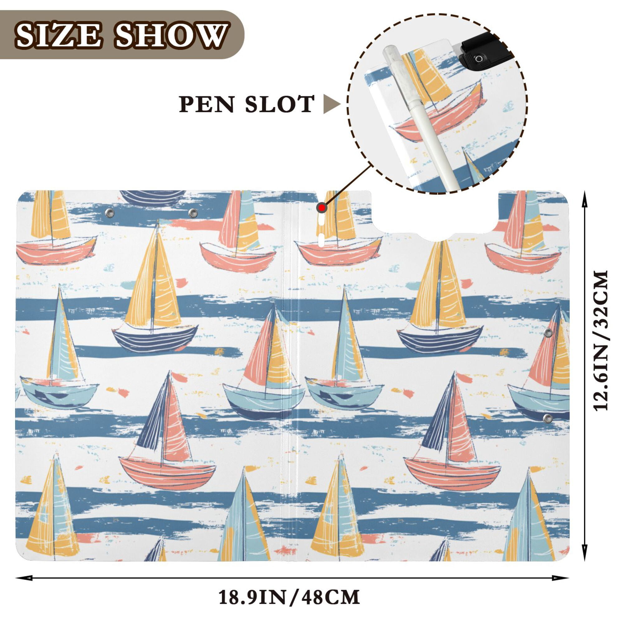 FORMRS A4 Clipboard Folder with Pen Holder Horizontal Foldable School Office Binder, White Hand Drawn Sailboats