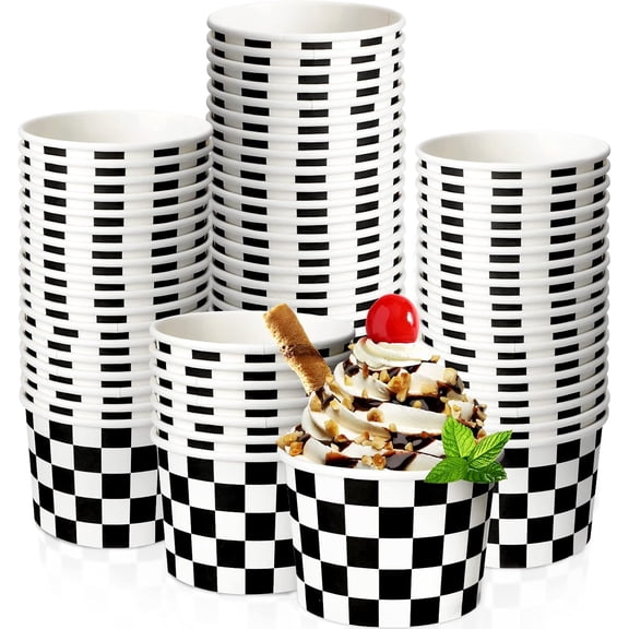 50 Count Black and White Checkered Ice Cream Cups Disposable 9 oz Ice Cream Bowls Paper Race Car Birthday Party Supplies Snack Popcorn Soup Cups Sundae Picnic Dessert Yogurt Bowls for Food