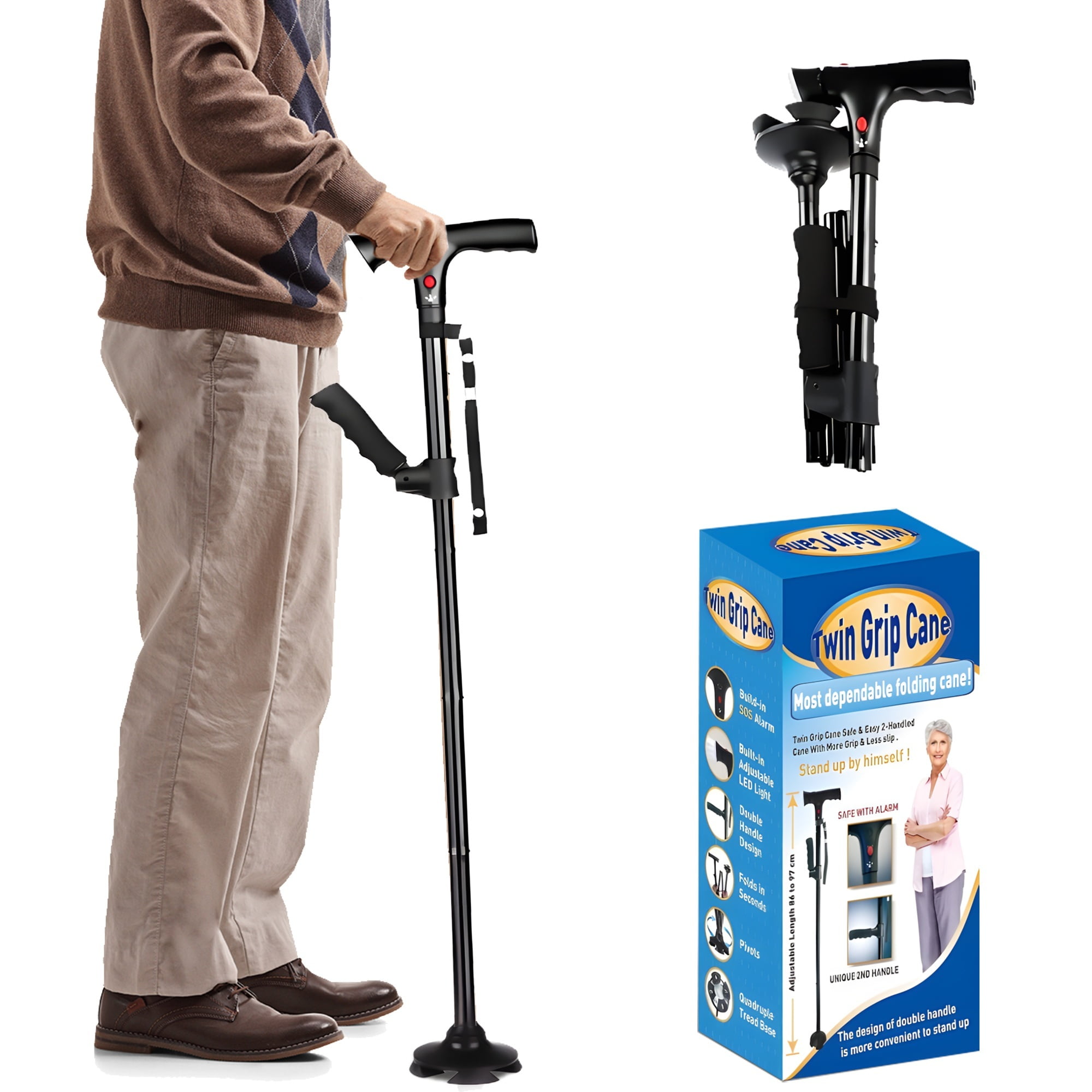 SQIREP Walking Cane for Men & Women - Foldable with LED Flashlight, Fall Alarm, Adjustable Pivot Tip Walking Sticks, Folding Canes for Seniors [Black]