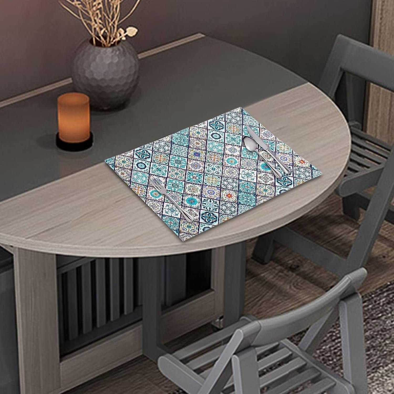 Durable Boho Placemats Set of 4, Dining Table Woven linen Placemat Wipeable Easy to Clean Oil-Proof Non-Slip Tablemats for Kitchen, Bohemian Style Blue