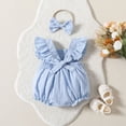 thumbnail image 6 of HCNTES Toddler Girls Summer Clothes Soft Ruffled Strap Romper and Bow Headband 2 Piece Set for Baby Showers, 6 of 7