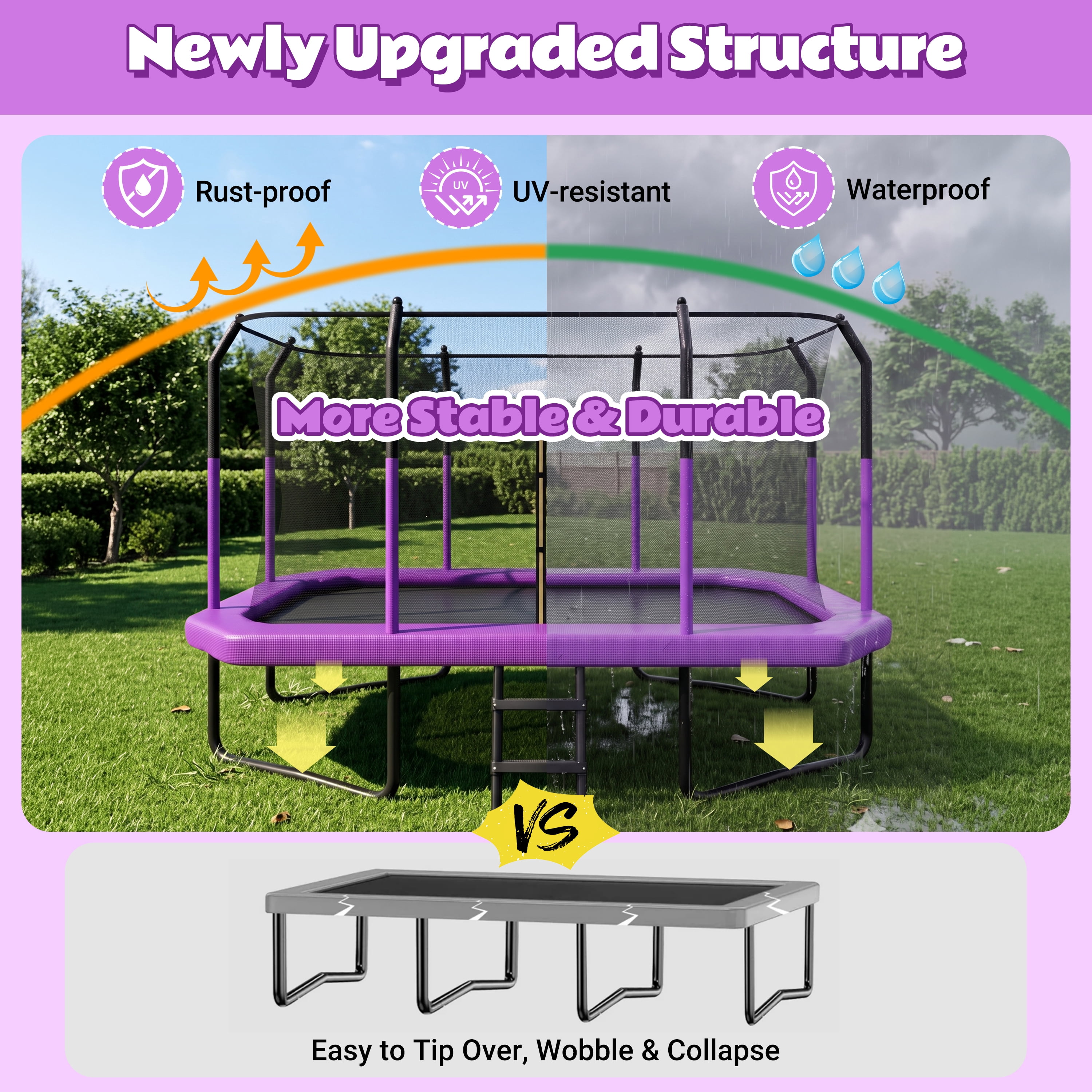 EUROCO 8X14FT Large Rectangle Outdoor Trampoline with Weather-Resistant Enclosure Net and Ladder, Maximum Load Capacity Backyard Jump Pad for Family