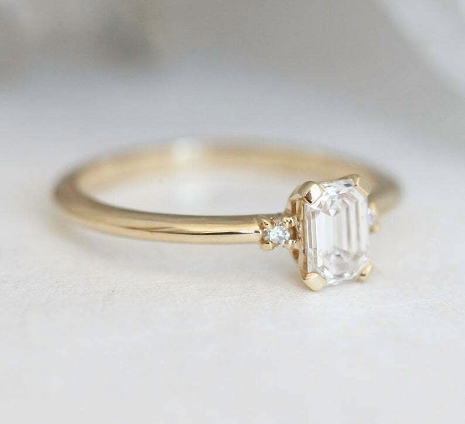 HeartsAndYou 1.2ct Emerald Cut Moissanite Engagement Ring for Women 18k Yellow Gold Over Silver Trilogy