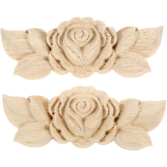 shiyou-Rose Wood Carved Appliques Onlay, 2-Pack Unpainted Wooden Mini Decals for Cupboard Cabinet Wall Dresser Bed Mirror Mantels Fireplace Wardrobe Decor(9x3.5cm/3.54x1.38in)