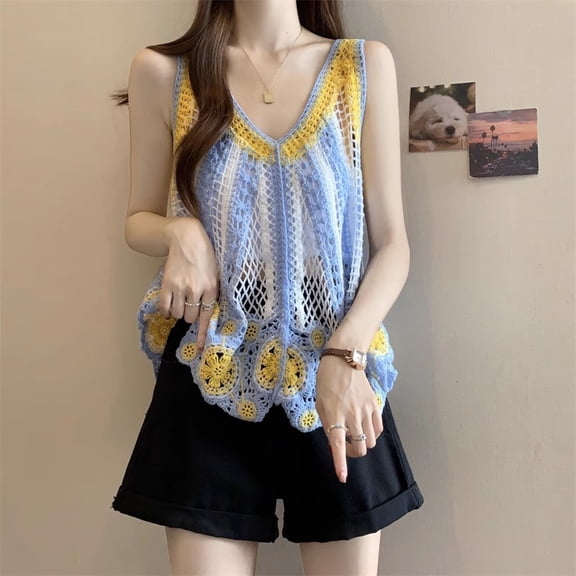 2026 Women Summer Top Embroidered Crochet Tank Top for Women Sheer Openwork Pointelle Knit Camis Summer Beach Bohemian Outfit