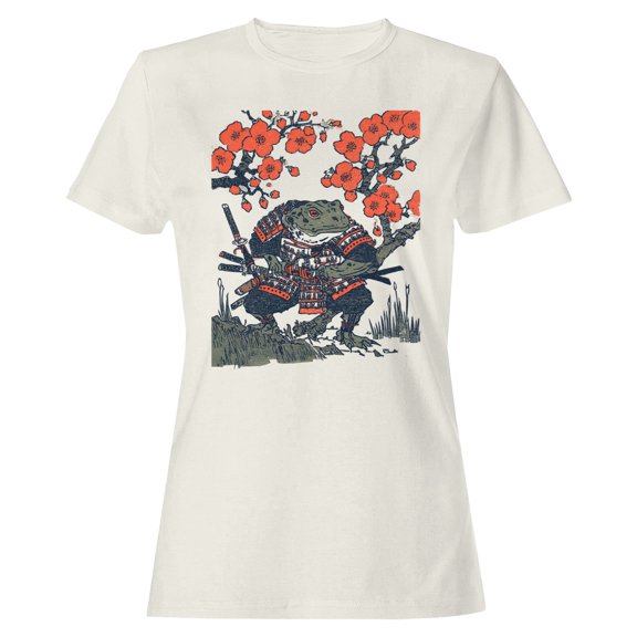 Smartprints Samurai Toad Under Cherry Blossoms Women's T-Shirt Off White, Cotton, S