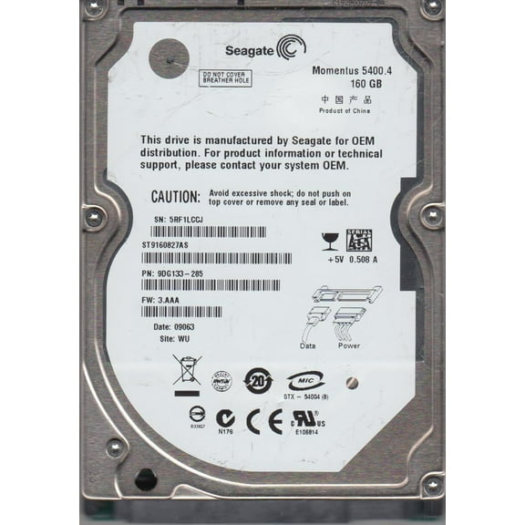 ST9160827AS, 5RF, WU, PN 9DG133-285, FW 3.AAA, Seagate 160GB SATA 2.5 Hard Drive