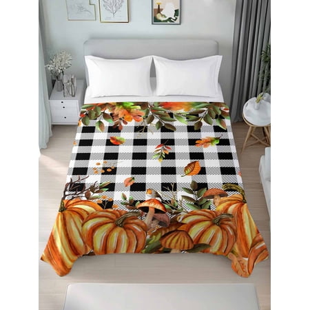 Twin Flat Sheet Only Autumn Thanksgiving Pumpkin Soft Microfiber Cooling Bedding Sheets Fall Leaf Black White Plaid Flat Bed Sheet for Hotel Home Decor