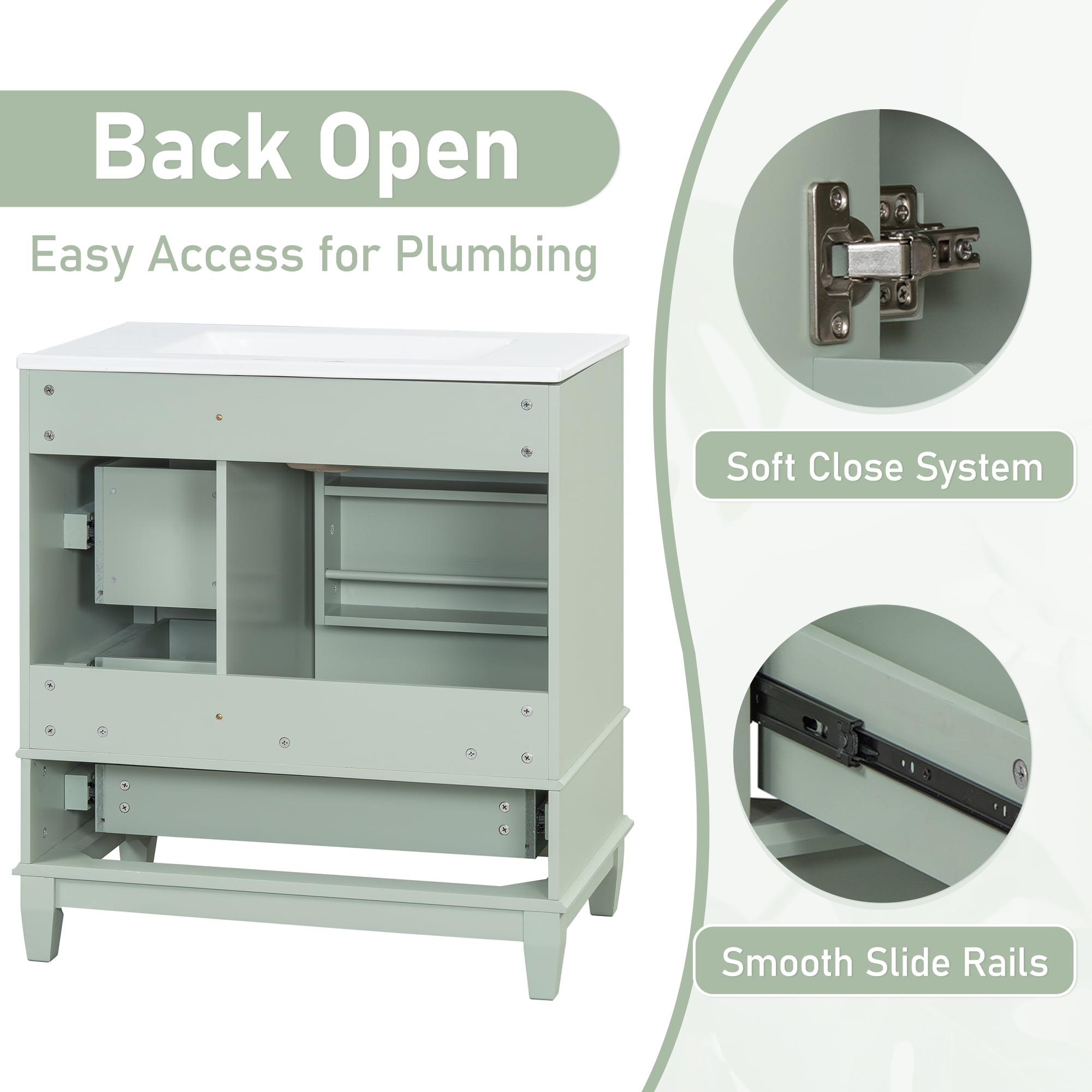 Euroco 30" Bathroom Vanity with Sink, One Door with Shelf and Three Drawers, Soft Close Door, Light Green